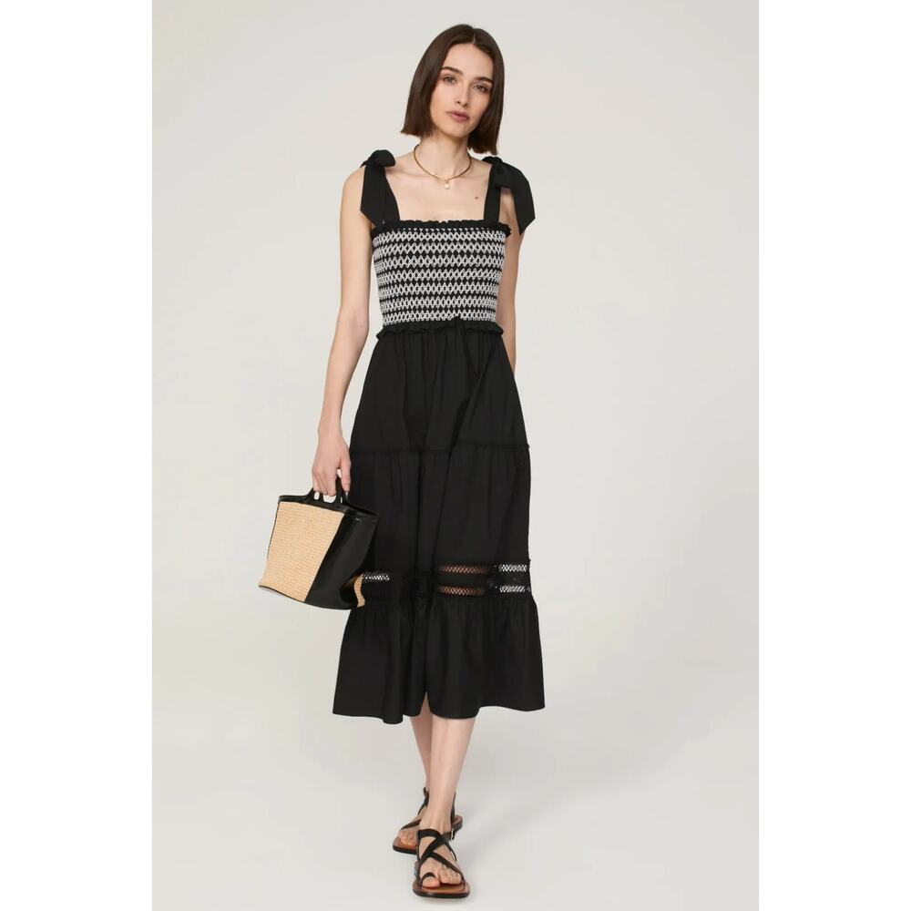 PETER SOM Collective Black White Smocked Midi Lace Dress A-Line, Size L.